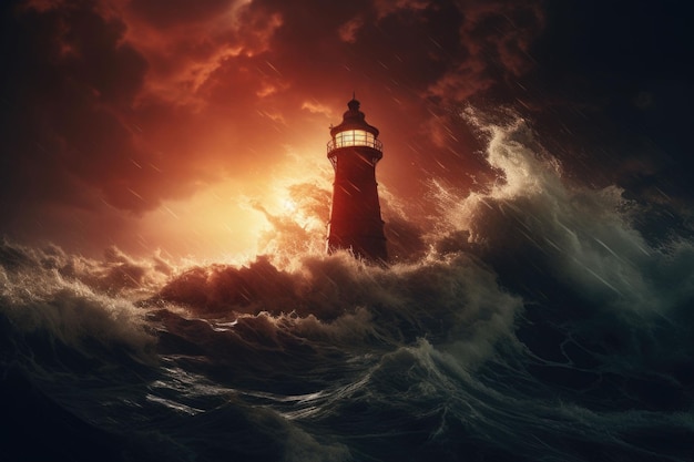 A lighthouse standing against a raging storm Lighthouse in stormy landscape Generative AI illustration