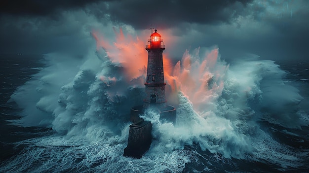 Lighthouse Standing Strong in Stormy Ocean