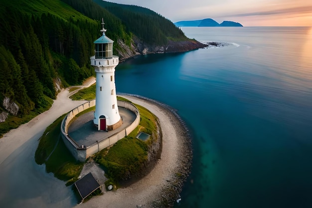 A lighthouse stands on the edge of a cliff overlooking the ocean.