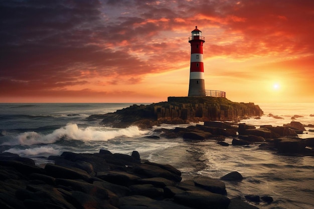 a lighthouse stands on a rocky cliff with the ocean in the background.