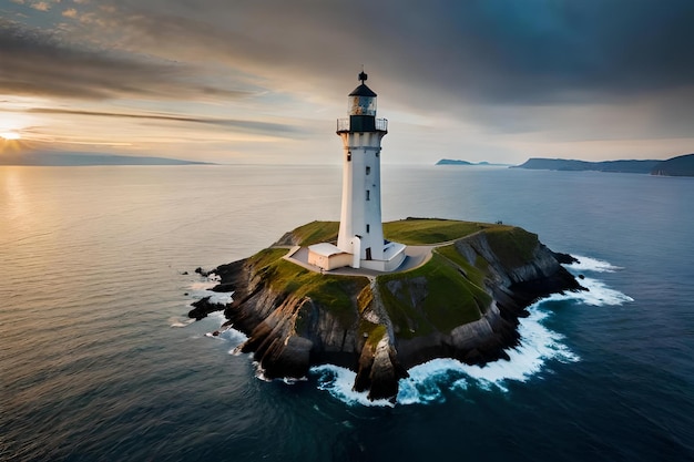 A lighthouse stands on a small island in the ocean.