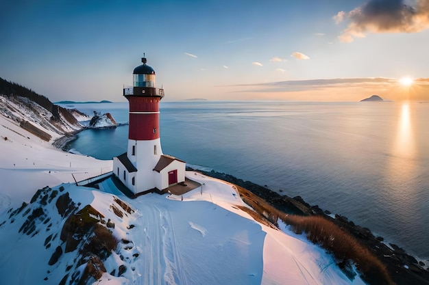 A lighthouse stands on a snowy cliff overlooking the ocean.