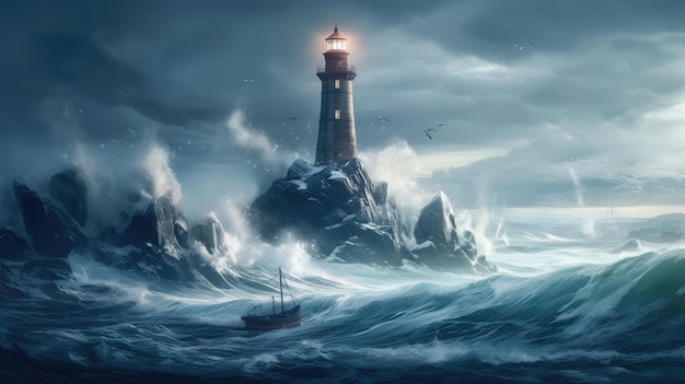 A lighthouse in the storm with a boat in the foreground