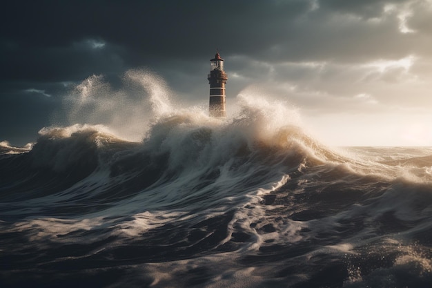 A lighthouse in the storm with a cloudy sky in the background