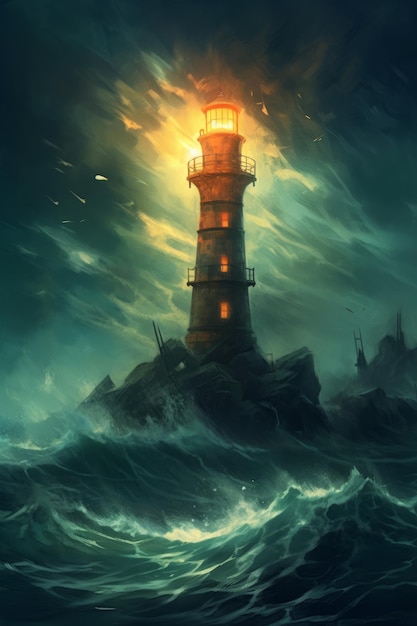 A lighthouse in the storm with a lighthouse in the background.