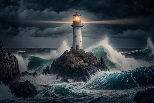 A lighthouse on a stormy night with a light on the top ai generated artwork