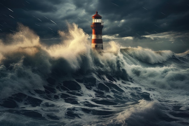 Lighthouse in stormy sea 3d render and illustration Lighthouse in the storm on the North Sea 3d rendering AI Generated