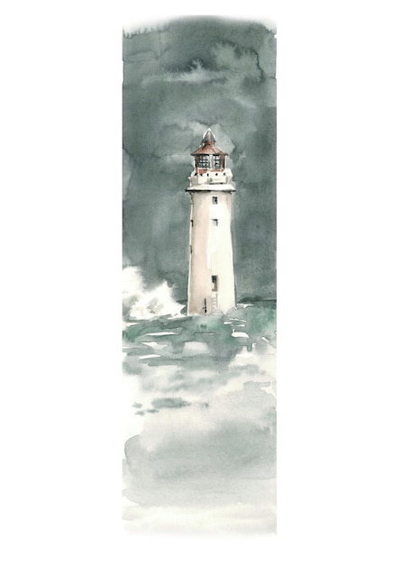 Lighthouse on a stormy sea - watercolor illustration bookmark in a book