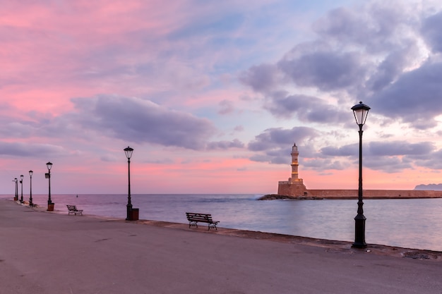 Lighthouse at sunrise, Chania, Crete, Greece