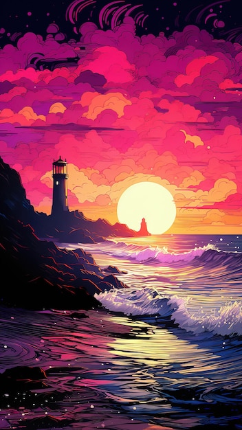 Lighthouse at sunset fantasy landscape with sea and sun created with generative AI technology