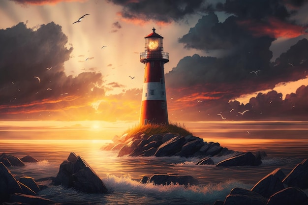 Lighthouse in the sunset time Generative AI