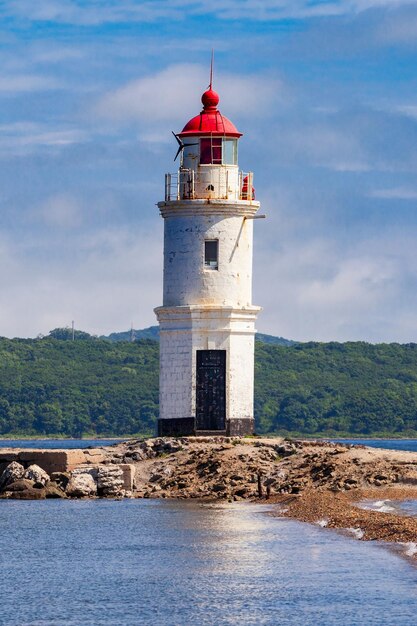 Lighthouse Tokarevskiy Egersheld on Tokarevskaya Koshka cape in Vladivostok, Primorsky Krai in Russia