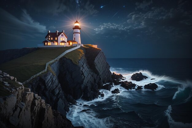 A lighthouse on top of a cliff under a night sky sits on a rock in the ocean with the sun behind it light beam of a lighthouse with copy spacein dark night