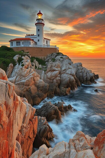 a lighthouse on top of a rocky cliff next to the ocean