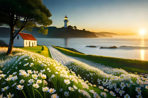 Lighthouse in a white flower field generative ai