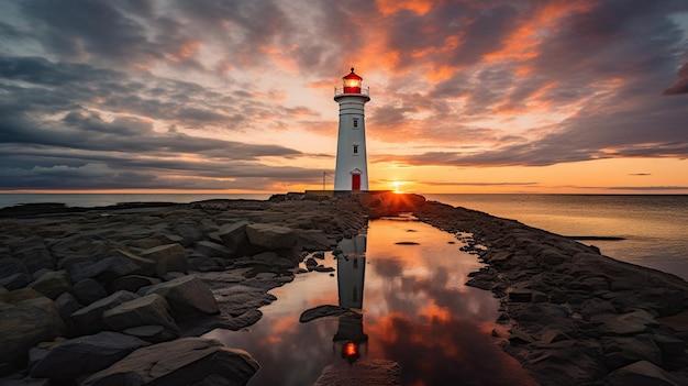 A lighthouse with a bright red door sits on a rocky jetty at sunset.