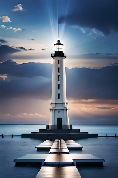 A lighthouse with a cloudy sky at sea