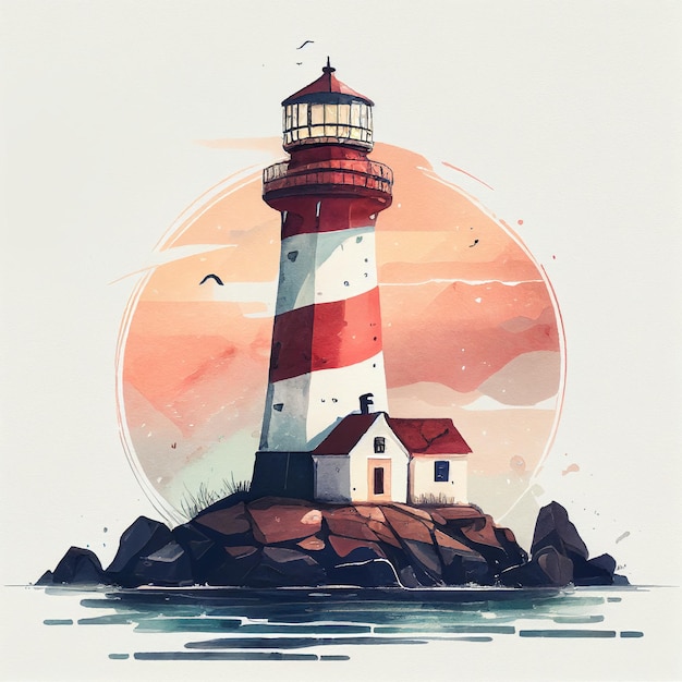 Lighthouse with a house watercolor painting by Generative AI