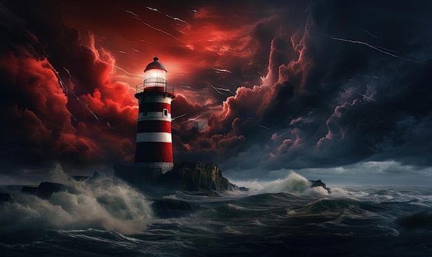 a lighthouse with lightning and high waves and thunder is looming over the sea in the style of digi