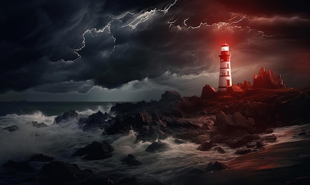 lighthouse with lightning at night in the style of hyperrealistic marine life