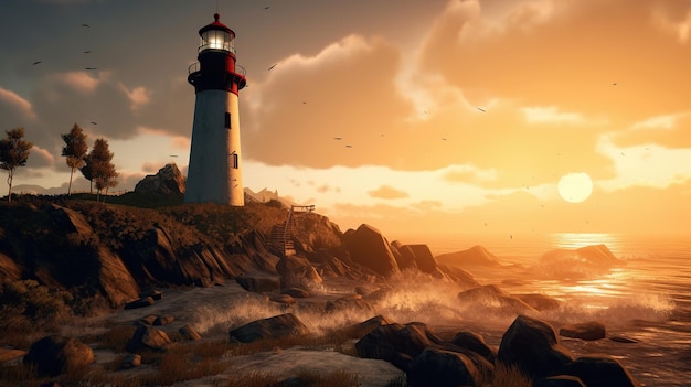 Photo lighthouse with ocean view sunset