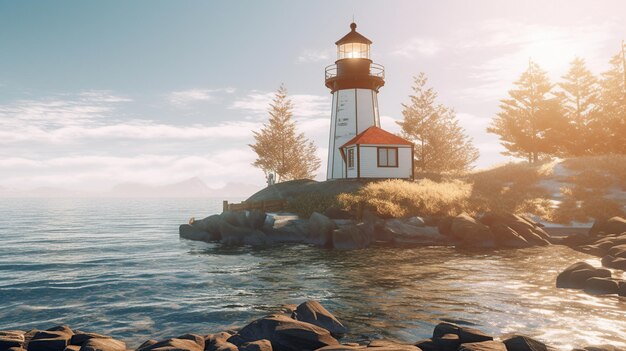 Photo lighthouse with ocean view sunset