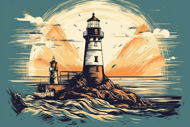 A lighthouse with pyramids on the background