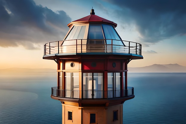 A lighthouse with a red roof and a cloudy sky in the background.