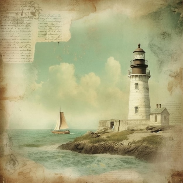 A lighthouse with a sailboat on the water and a sailboat in the background.