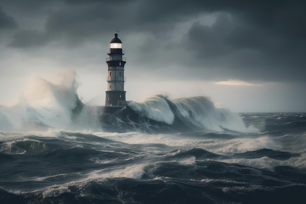 Lighthouse with view of the dark and stormy sea during a dramatic storm