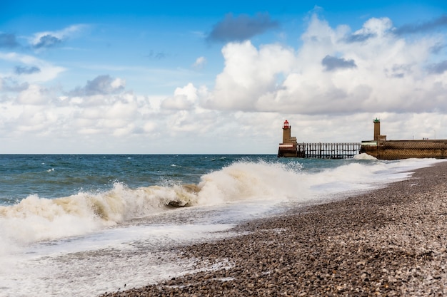 Lighthouses and guidance at the entrance of the Port of Fecamp, Normandy