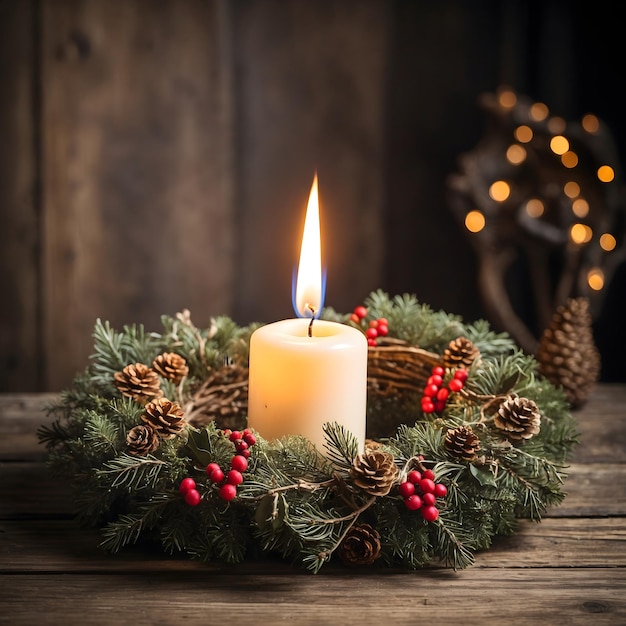 Lighting Christmas Candle in Wreath on Rustic Wood