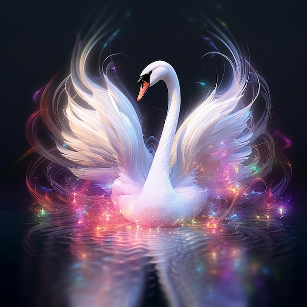 Lighting colorful swan on water painting Generative AI