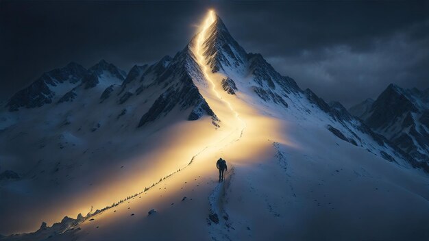 Photo lighting path to a big snow mountain top