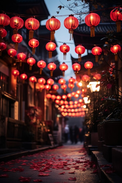 the lighting of red lanterns against the twilight sky during Chinese New Year festivities