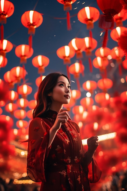 зажигание красных фонарей на тёмном небе во время празднования китайского Нового года