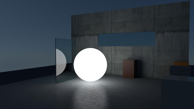 Lighting sphere ball with glass ,geometric cement wall and floor , abstract leadership concept . 3d render illustration .