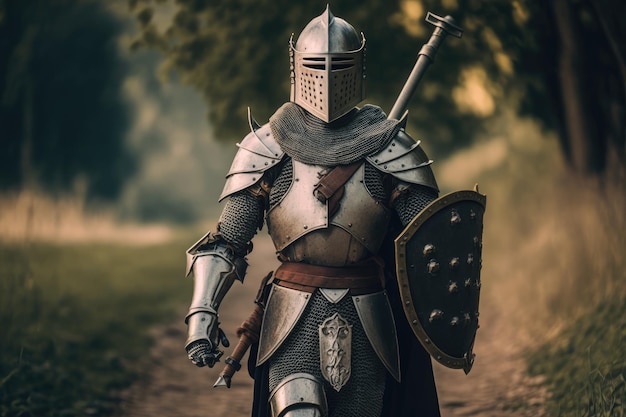 Lightly armed medieval armored warrior in helm walking knight