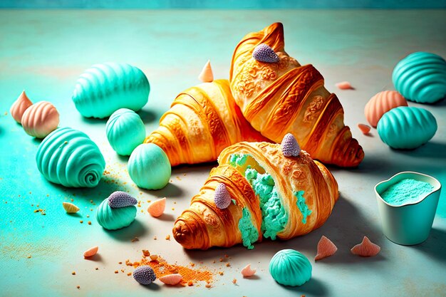 Lightly colored pastries in form of croissants fresh for breakfast