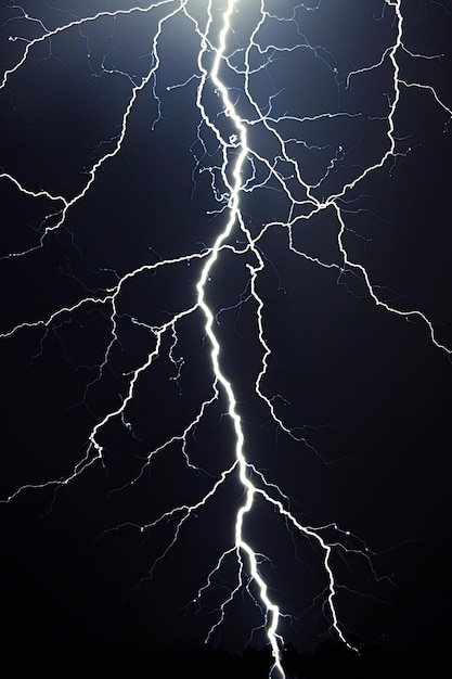 Lightning bolt in dark blue sky vertical view of electric flash light in storm on black background Concept of thunderbolt thunderstorm strike