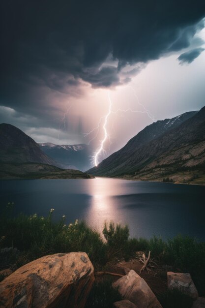 A lightning bolt hitting over a lake with mountains in the background Generative AI image