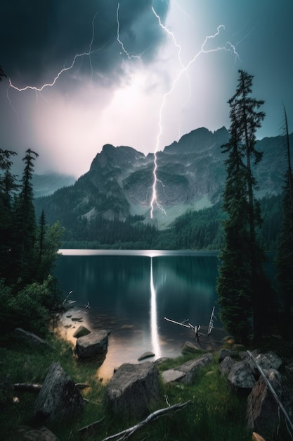 A lightning bolt hitting over a mountain lake Generative AI image