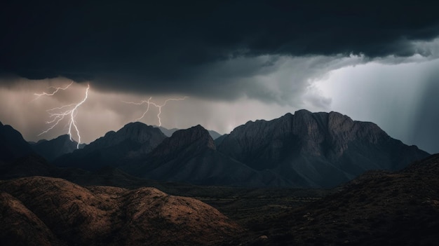 A lightning bolt hitting through the sky over a mountain range Generative AI image