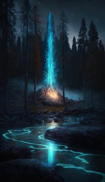 a lightning bolt is lit up in a dark forest