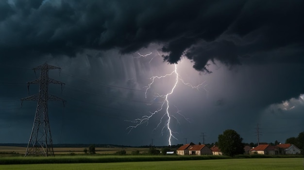 Foto un fulmine è visto nel cielo sopra un'area rurale