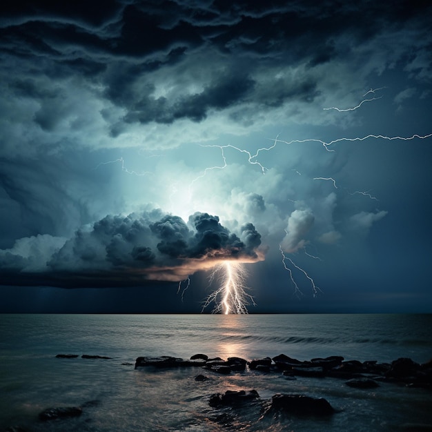 A lightning bolt is seen in the sky above the water