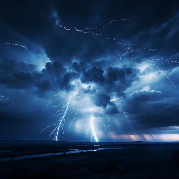 A lightning bolt is shown in the sky above the ocean.