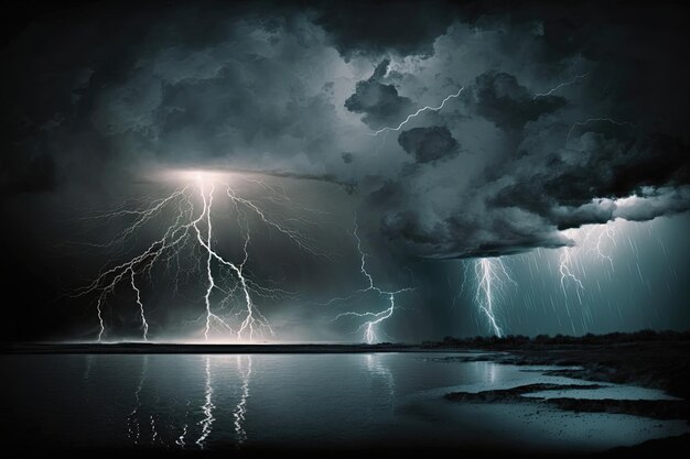 A lightning bolt striking over a lake illuminating the surrounding landscape with a sudden burst of light Generative AI