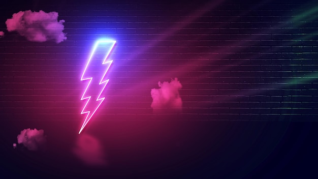 lightning bolt or thunder icon with pink neon effect and empty space for copy or message dark wall