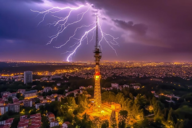 Lightning bolt thunderstorm over a large town